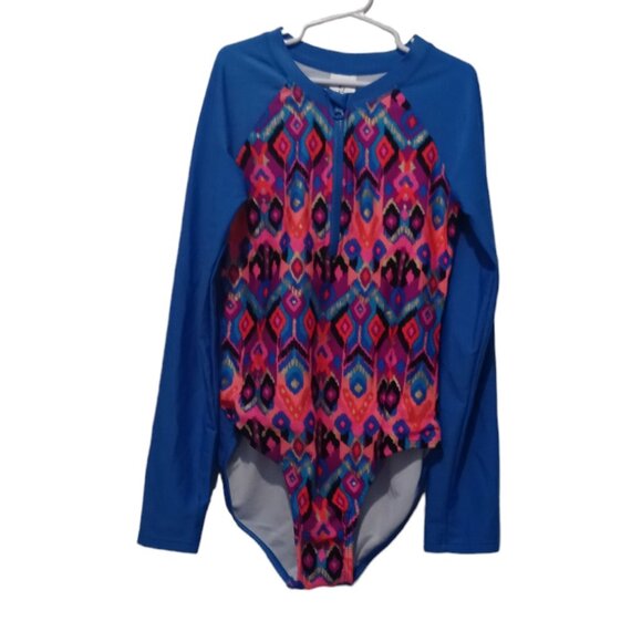 Art Class Girls' Blue Aztec One Piece Rash Guard Swimsuit Size L(10/12) - Picture 1 of 9